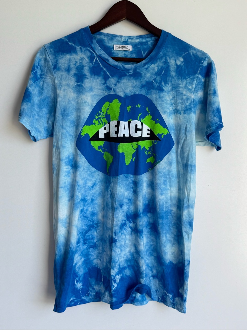 Lauren Moshi World Peace Love Shirt Women XS lips blue Tencel cotton‎ mouth LA